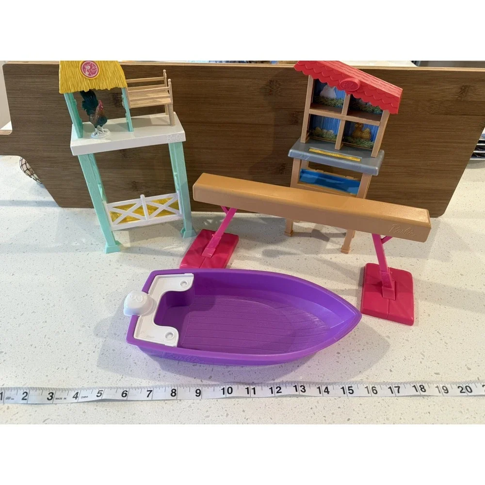 Barbie Boat, Balance Beam,‎ Farm Stand And Chicken Coup Set Of 4